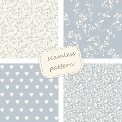 set of 4 vintage seamless patterns in blue and beige colors. Hand drawn. Vector illustration can be used for ceramic tile, wallpaper, textile, invitation, greeting card, web page background.