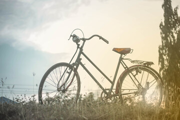 Fototapeta na wymiar Landscape picture Vintage Bicycle with Summer grass field at sunset