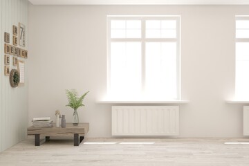 White empty room with wooden table and decor on a wall. Scandinavian interior design. 3D illustration