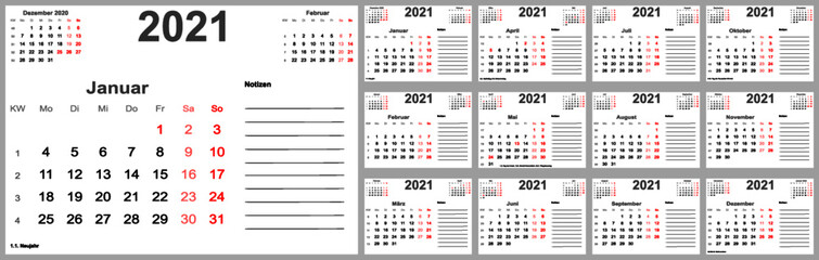 Kalender 2021 für Deutschland mit Feiertagen, Platz für Notizen und oben mit vorherigem und folgendem Monat. Set mit 12 einzelnen Monaten. Wochenstart Montag.