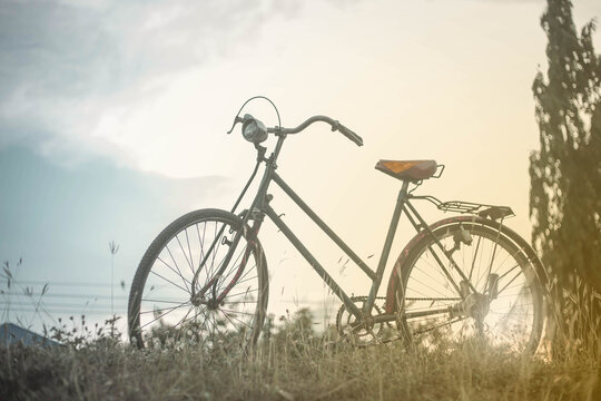 Landscape picture Vintage Bicycle with Summer grass field at sunset