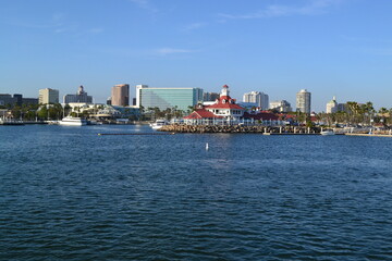 Fototapeta premium Long Beach modern city skyline, marina and Shoreline Village in City of Long Beach, Los Angeles County, California CA, USA.