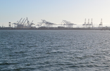 Long Beach shipping and container port with cranes loading cargo, USA