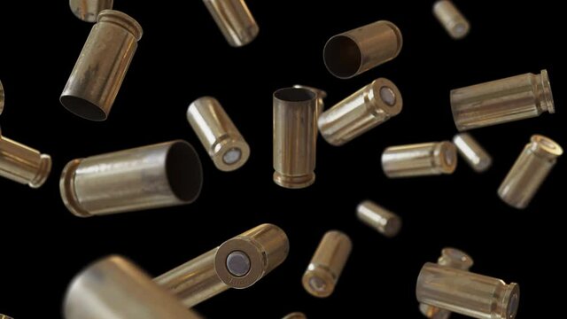 Animation of flying empty bullet shells on a black background