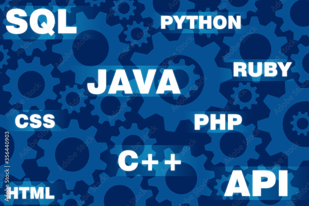 Poster logos of programming languages. background consists of gears of