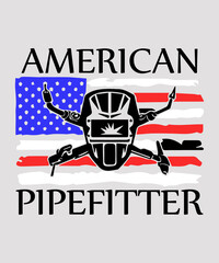 American pipefitter graphic with an American flag and pipefitting equipment and tools.  For the metal trades labor force industry.