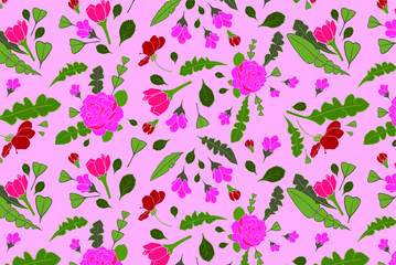 Fototapeta na wymiar Vector nature seamless pattern with roses, flowers and leaves. Floral texture for fabric design in hand drawn style. Nature print in pink colors.