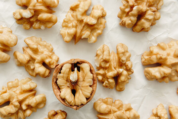 Peeled walnut kernels close-up, top view. Food photo.