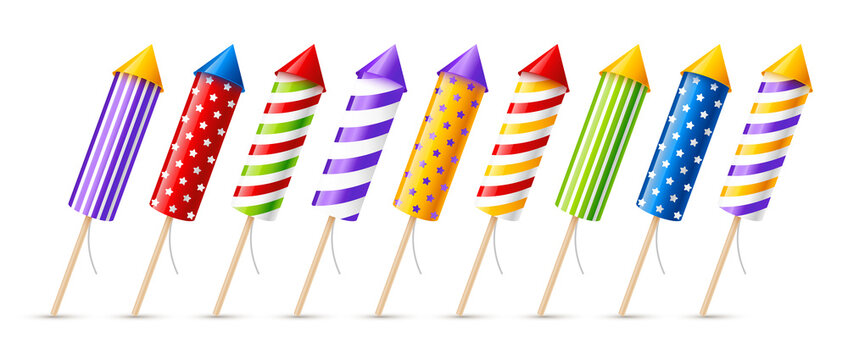 Set of color firework rockets isolated on white background for party design