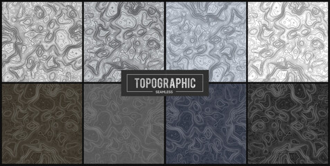 Set of 8 Topographic map contour backgrounds. Topo map with elevation. Contour map vector. Geographic World Topography map grid abstract vector illustration .