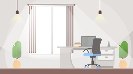 Illustration of office interior with furniture in cartoon style. Cartoon bright background for your design project