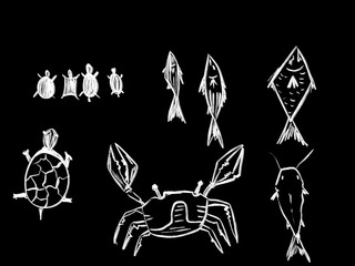 Illustration of aquatic animals set black background.