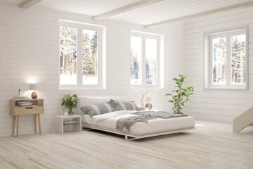White bedroom interior. Scandinavian design. 3D illustration