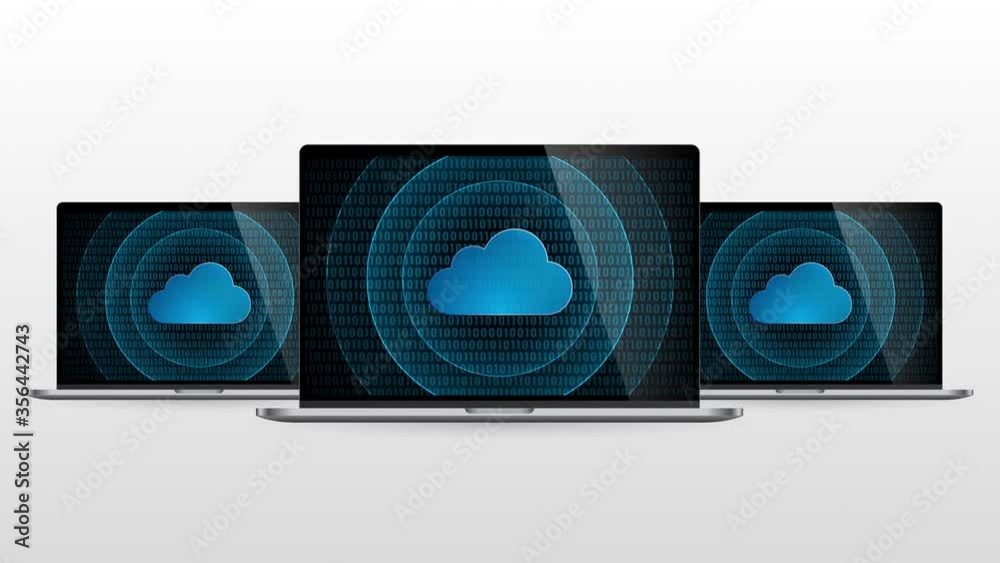 Poster laptop computer portable device with cloud computing. realistic laptop monitor with cloud symbol in 