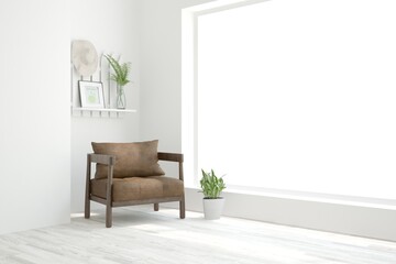 White living room with armchair. Scandinavian interior design. 3D illustration