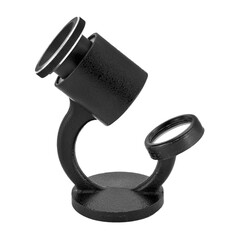 Small black microscope isolated on white background. Miniature device for science studies.