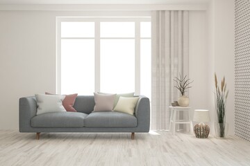 White living room with sofa. Scandinavian interior design. 3D illustration