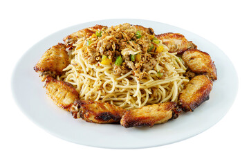 Stir Noodles with Pork, Fried Onion, Bell Pepper and Chicken Middle Wings on White Dish Isolated Background. Fusion Food and Group Concept