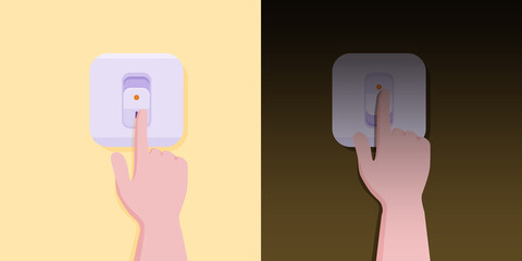 The young man shuts down and turns on the light in his own room.
Illustration about turn on and turn off switch.