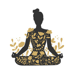 Woman meditating in the Lotus position. Black female silhouette and golden floral ornament. Woman in Padmasana position. Beautiful meditation concept with gold flowers. Vector illustration on yoga.