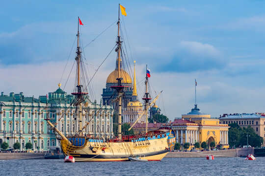 Saint Petersburg. Russia. Large sailing ship in the center of St. Petersburg. Battleship Poltava. Sailing ship sailing along the Neva. Petersburg in sunny weather. Palace Embankment. Russian fleet