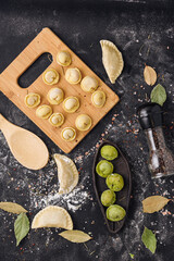 raw meat dumplings flour spinach