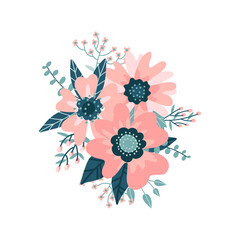 Beautiful floral color composition with blossom flower and leaf, berries, branches on white background. Flat vector illuastration template flower design for card, sale banner