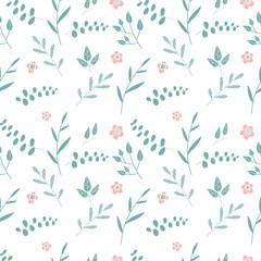 Seamless background with branches of Silver Dollar eucalyptus. Tropical seamless pattern of eucalyptus branches with green leaves and abstract pink flowers on white. Vector flat illustration.