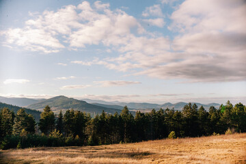 Majestic sunset in the mountains landscape. Dramatic sky. Carpathian, Ukraine, Europe. Beauty world.