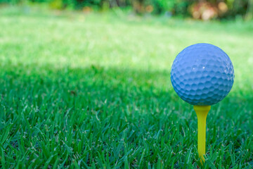 Golf ball on tee in the evening golf course with sunshine background