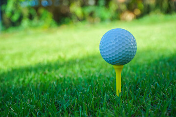 Golf ball on tee in the evening golf course with sunshine background