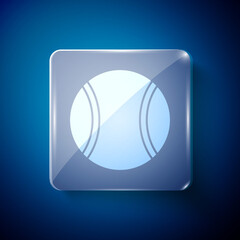 White Tennis ball icon isolated on blue background. Sport equipment. Square glass panels. Vector Illustration.