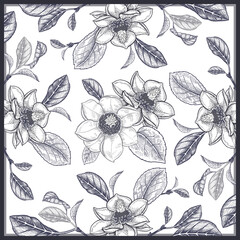 Vorlage zum Erstellen eines Kissens, Schals oder Wandpaneels. Blühender Magnolienbaum. © marinavorona