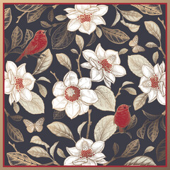 Magnolia tree branches, flowers, cute birds and butterfly. Floral pattern.