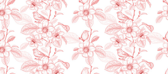Red and white seamless pattern. Blooming magnolia tree and little cute birds.
