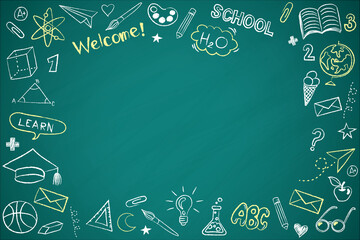 Education doodle frame on a green chalkboard background. A hand-drawn template for back-to-school banners, presentations, and learning concepts. Vector illustration with a chalk sketch style.