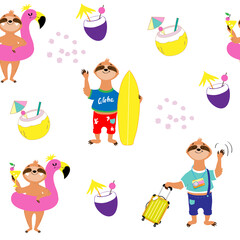 Cute summer sloths on a white background seamless pattern. Sloth with a surfboard, with a suitcase and on an inflatable flamingo for children