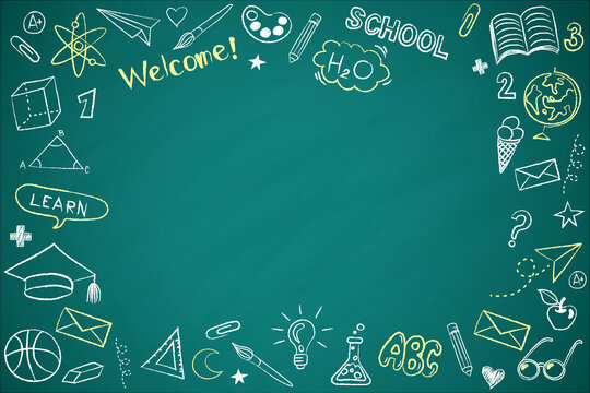 School chalk board is painted with different formulas and signs from the  school curriculum. A green