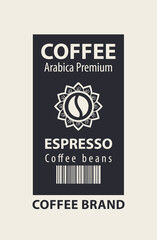 Coffee label for coffee beans. Vector label with a decorative coffee bean in flower, barcode and words Espresso, Arabica premium