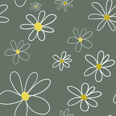 seamless pattern with simple doodle daisies on grey background. Spring, summer, linen print. Packaging, wallpaper, textile, fabric design