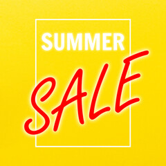 Glowing neon inscription summer sale in a white rectangle frame on a bright yellow paper background. Square photo for advertising and sales posts on blogs and websites