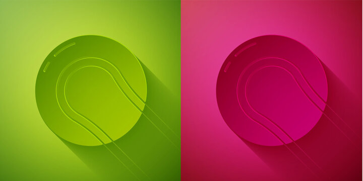 Paper cut Baseball ball icon isolated on green and pink background. Paper art style. Vector Illustration.