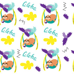 Summer sloth lies in a hammock near palm trees on a white background. Vacation concept, travel concept. Seamless pattern. Flat style concept