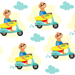 Summer sloth with a surfboard on a moped seamless pattern on a white background. Vector illustration  flat style