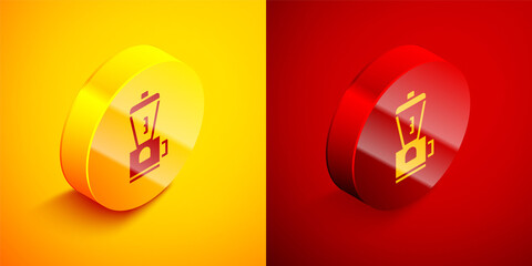 Isometric Electric coffee grinder icon isolated on orange and red background. Circle button. Vector Illustration.