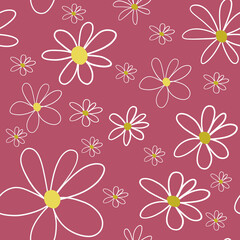 Kids drawing daisies on red background. Seamless pattern. Linen, print, packaging, wallpaper, textile, fabric design