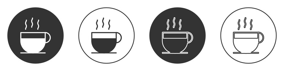 Black Coffee cup icon isolated on white background. Tea cup. Hot drink coffee. Circle button. Vector Illustration.