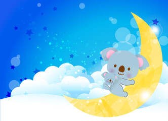 三日月の上で眠るかわいい仲良しコアラの親子　綺麗な夜空の雲の上
