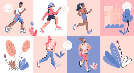 Marathon or sprint runners people cartoon characters. Healthy lifestyle and cardio training. Sport run competition or event banner or poster with people running, cartoon vector illustration.