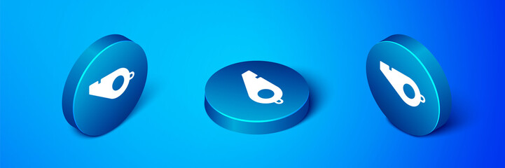 Isometric Whistle icon isolated on blue background. Referee symbol. Fitness and sport sign. Blue circle button. Vector Illustration.